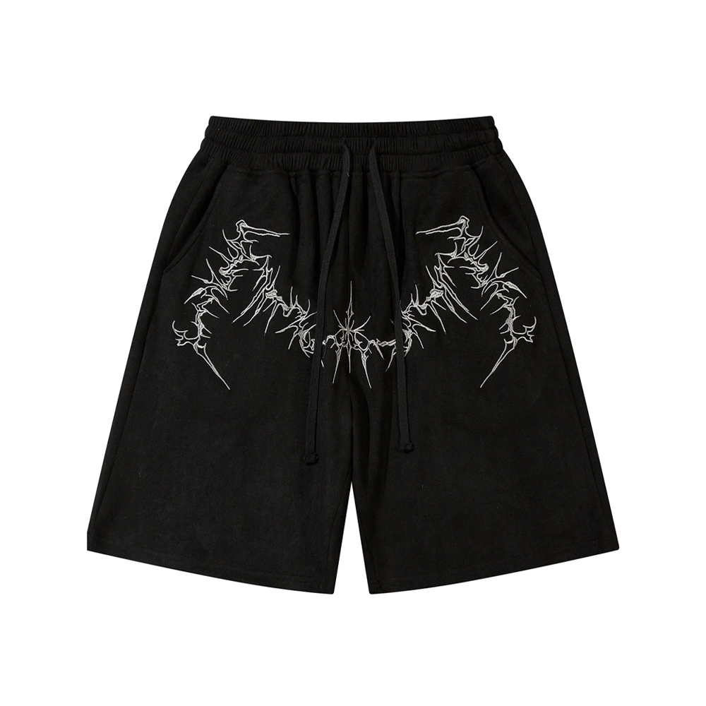 Black oversized graphic shorts featuring white abstract artwork elastic waistband adjustable black drawstrings and practical side pockets
