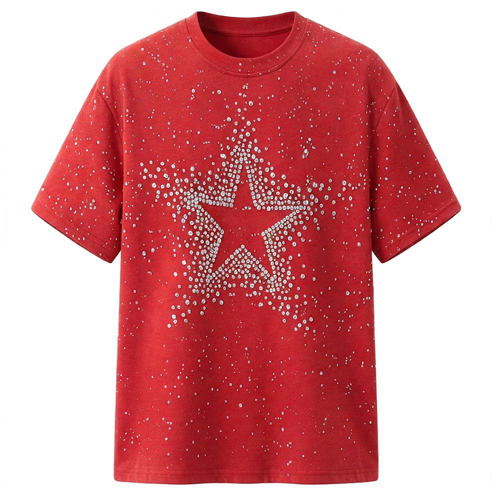 Red Rhinestone Star Graphic T Shirt With Sparkling Silver Embellishments Short Sleeves And Classic Crew Neck