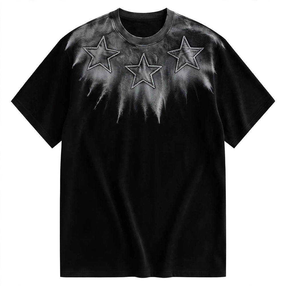 Black short sleeve T-shirt featuring three grey outlined star appliques across the chest, a distressed acid-wash effect, and a classic crew neckline on a white background.