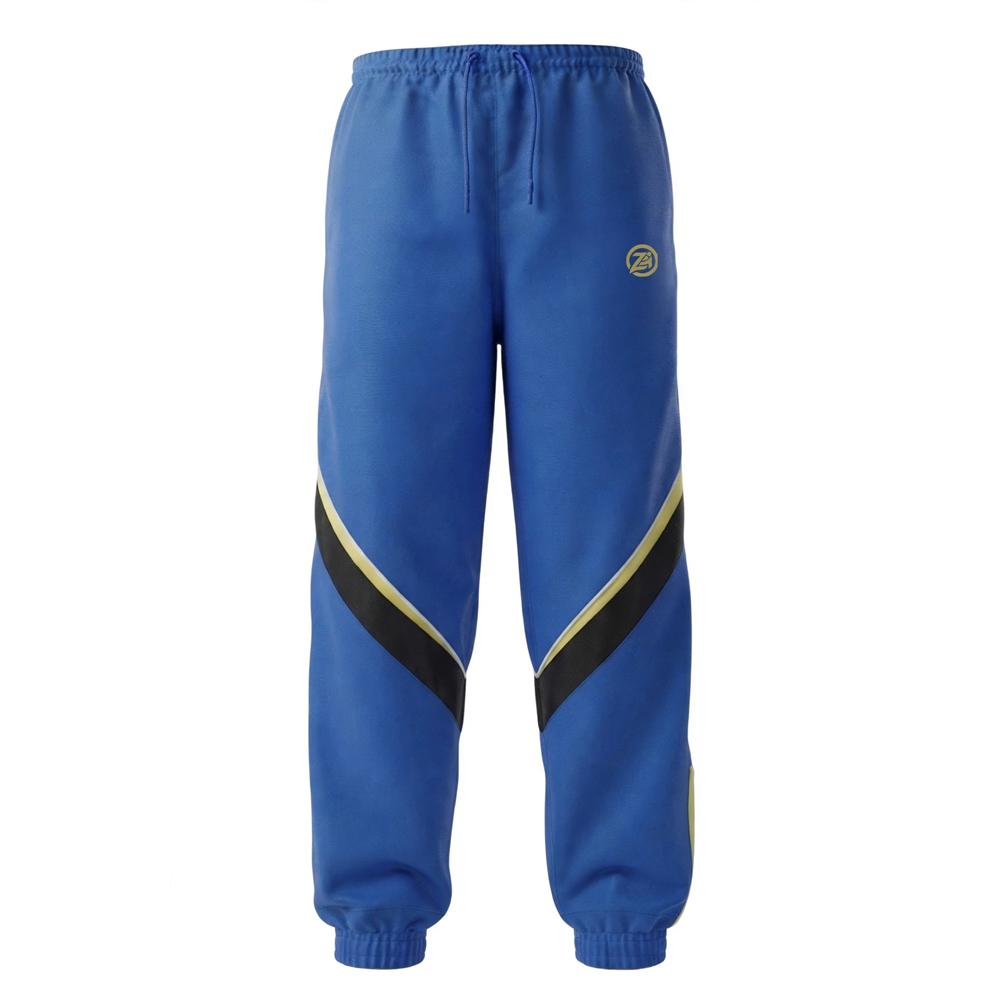 Blue Color Block Joggers With Black And Gold Diagonal Stripes Drawstring Waistband And Elasticated Ankle Cuffs