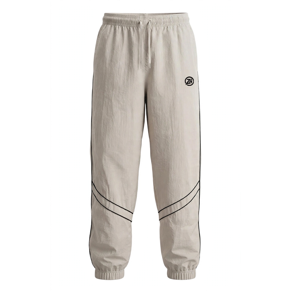 Beige Jogger Pants With Black Side Piping Curved Stripe Details Drawstring Waistband And Elasticated Ankle Cuffs