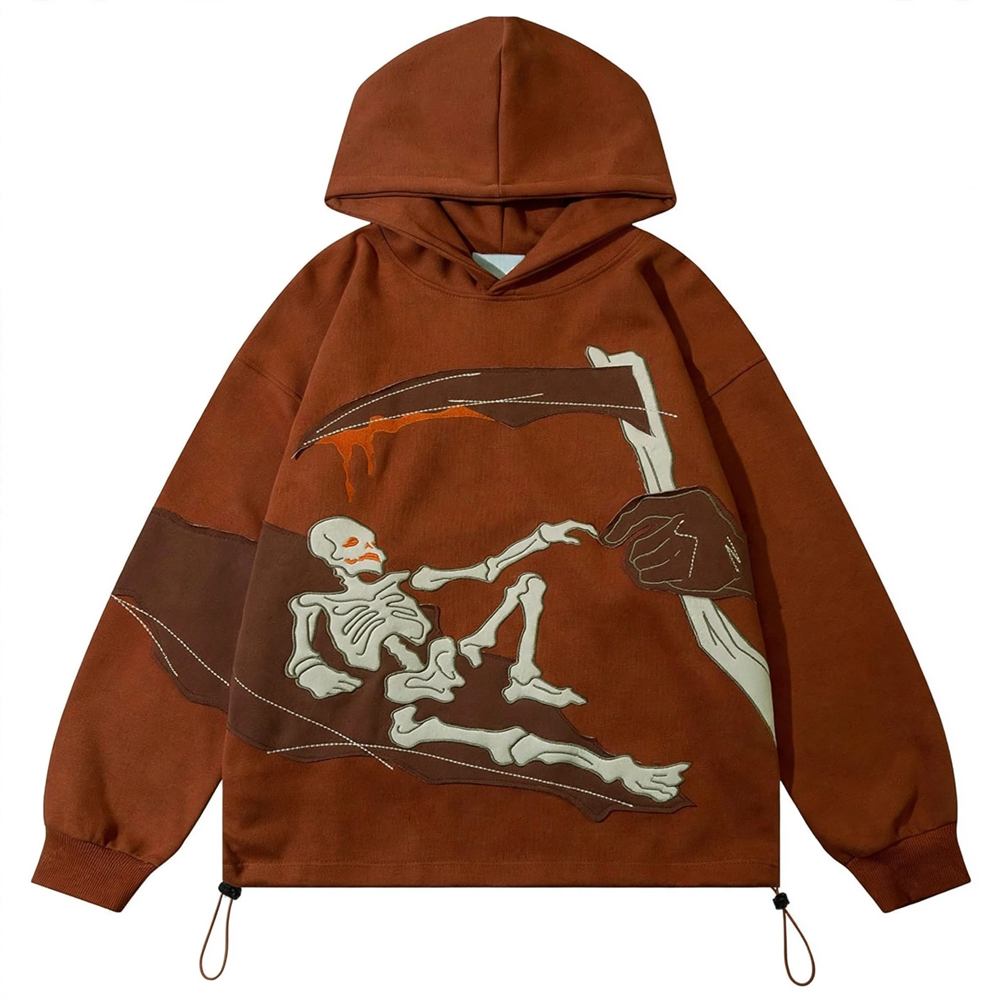 Rust brown graphic pullover hoodie with skeleton bone artwork, contrasting dark brown patchwork-style panels, a hood, ribbed cuffs, and adjustable hem cords.